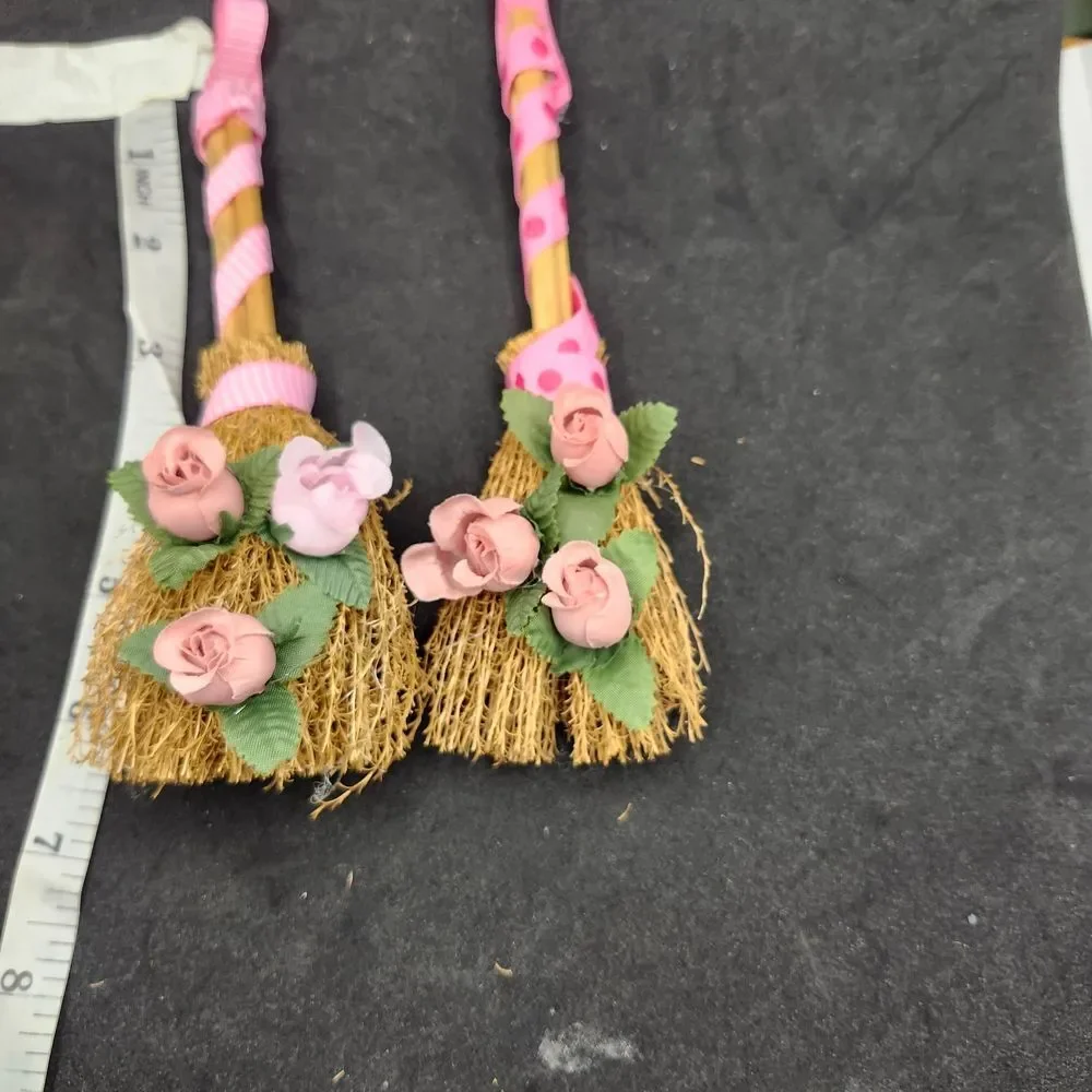 Hand Crafted Set of 2 Decorative Mini Brooms with Pink Roses